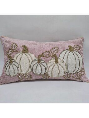 Decorative Beaded Pumpkin Throw Pillow Pink Velvet Rectangular Accent Harvest Mo